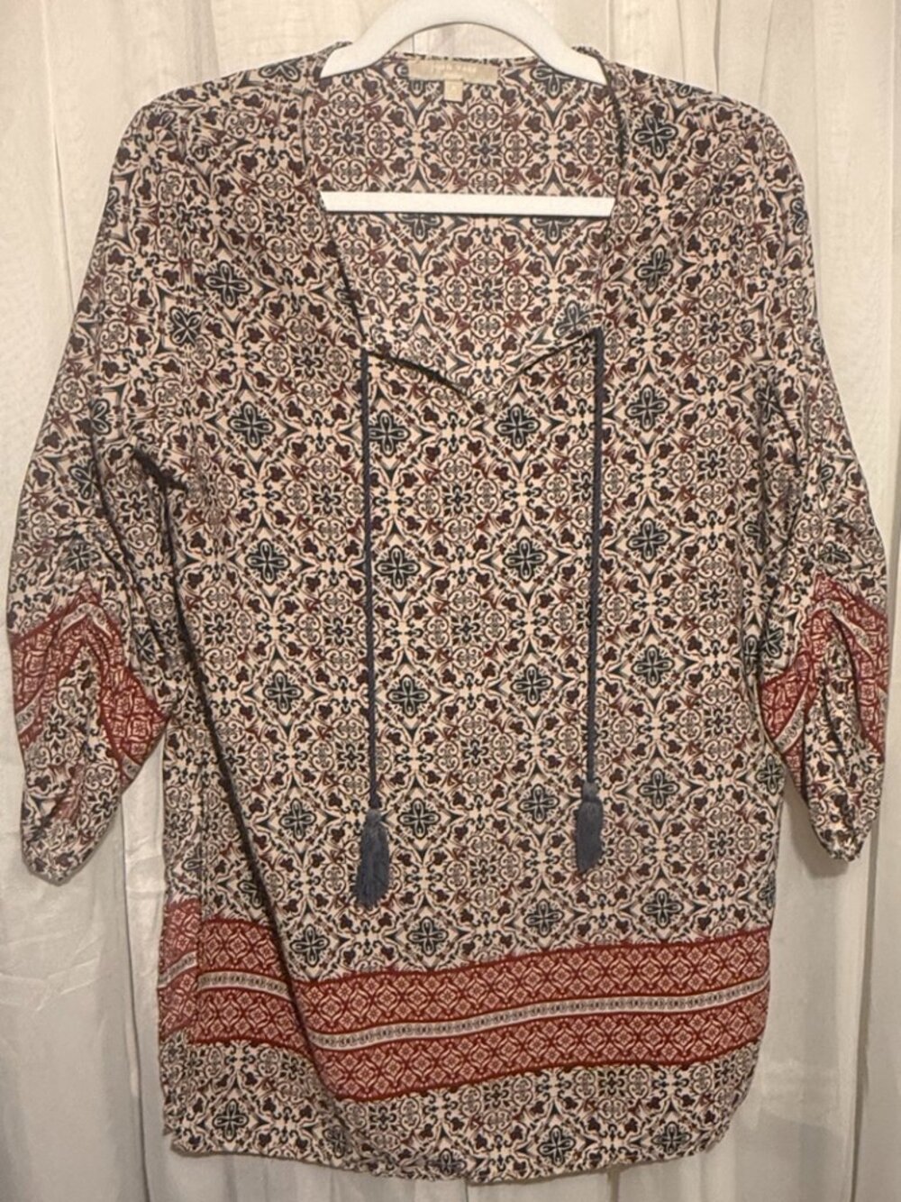 Joan Vass Boho Printed Tassel Tunic Blouse Size M
